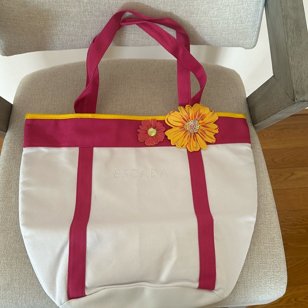 Escada canvas white/pink tote bag with yellow nylon lining. New.